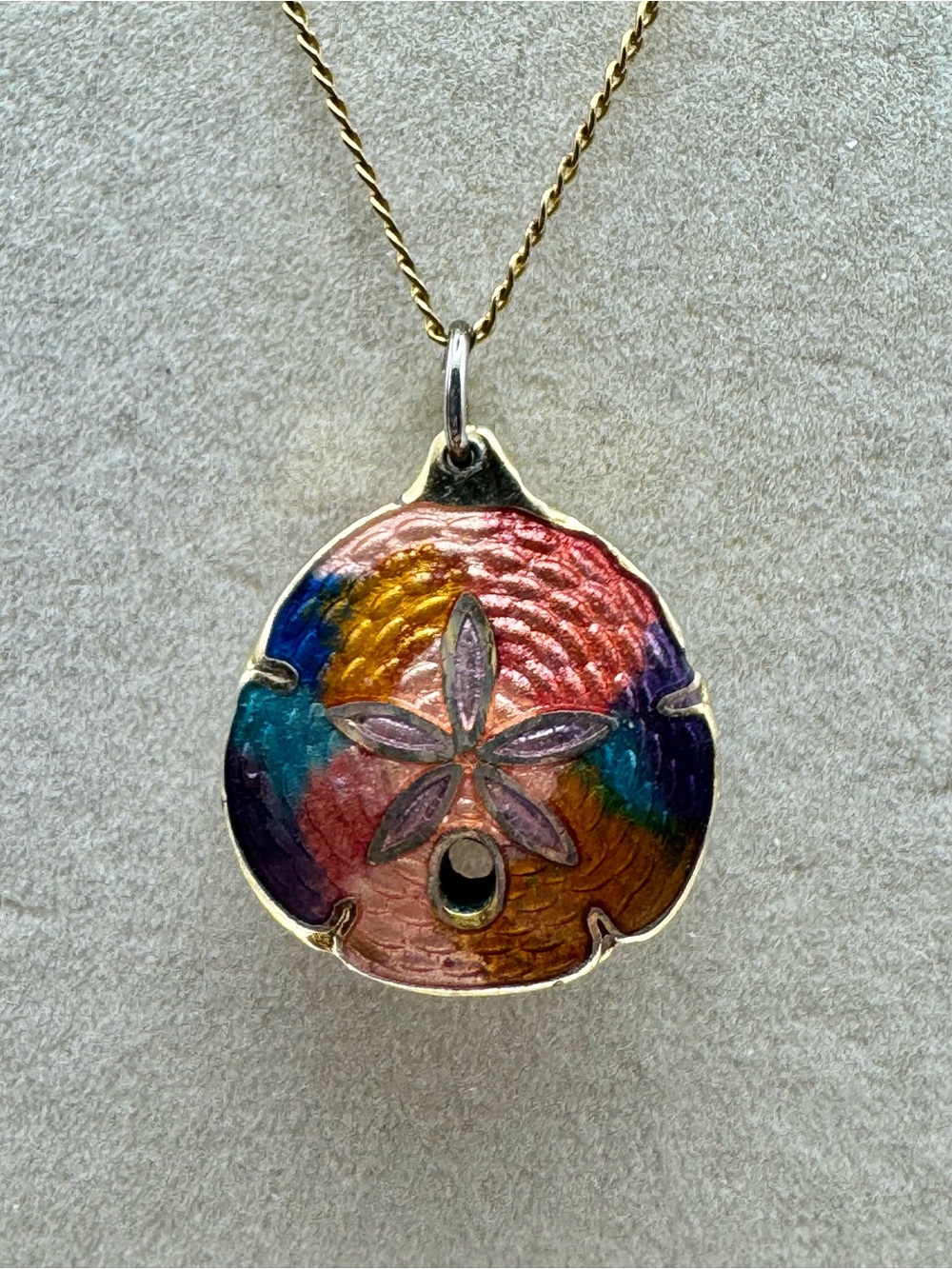 Vintage Cloisanne’ Multicolor Enamel Sand Dollar Pendant Necklace - Gold Tone